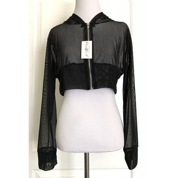 Los Angeles Boutique Black Mesh Cropped Track Jacket Beach Cover Up Hooded Top L - Picture 2 of 9